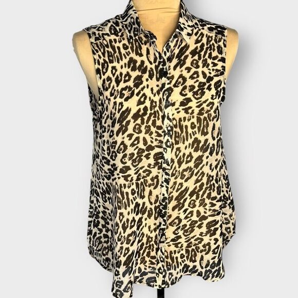 H&M Leopard Print Sleeveless Button Down Black Cream Blouse Women’s Size 8 - Picture 1 of 9